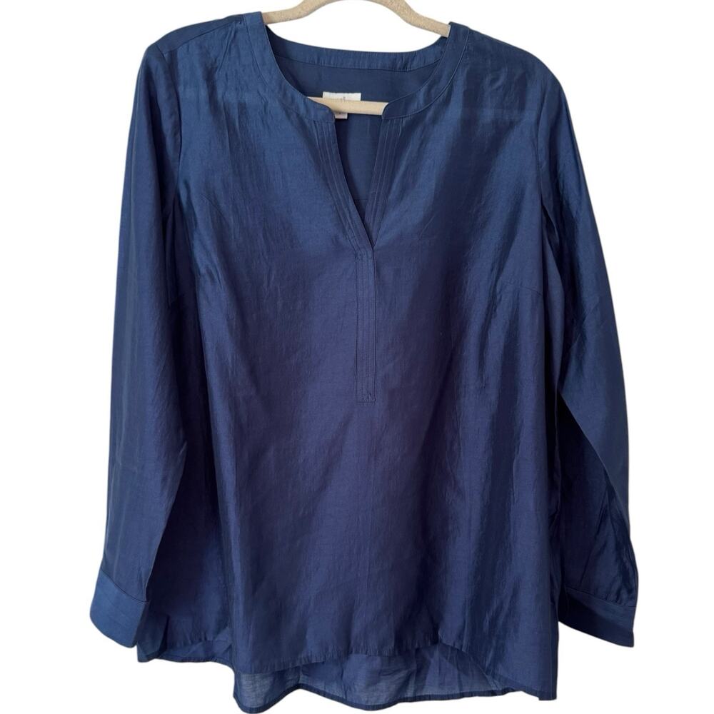 J. Jill Navy Blue Popover V Neck Tencel Long Sleeve Blouse Size Medium - Picture 1 of 6